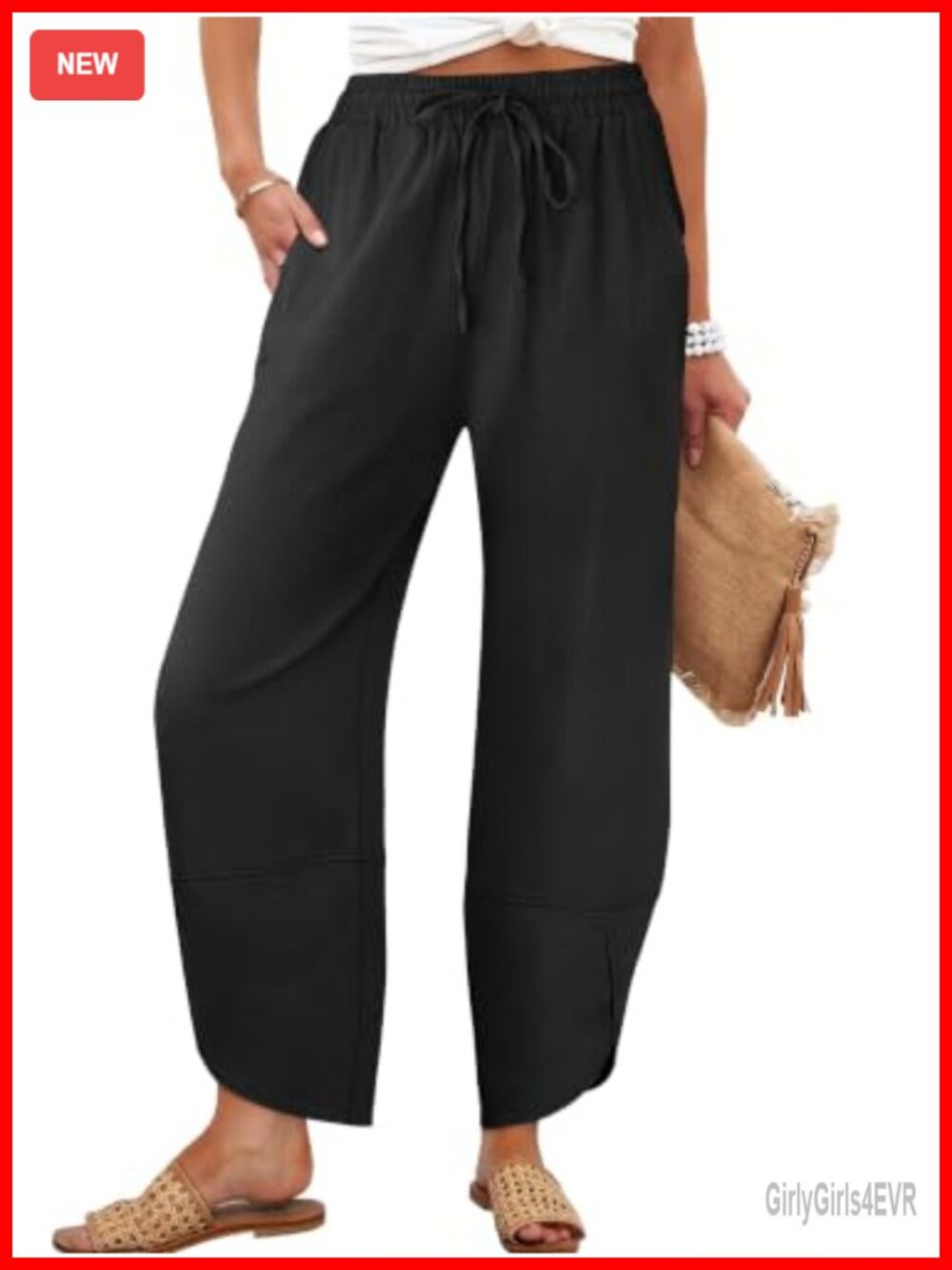Wide Leg Barrel Pants with Pockets Rayon Linen Drawstring Casual